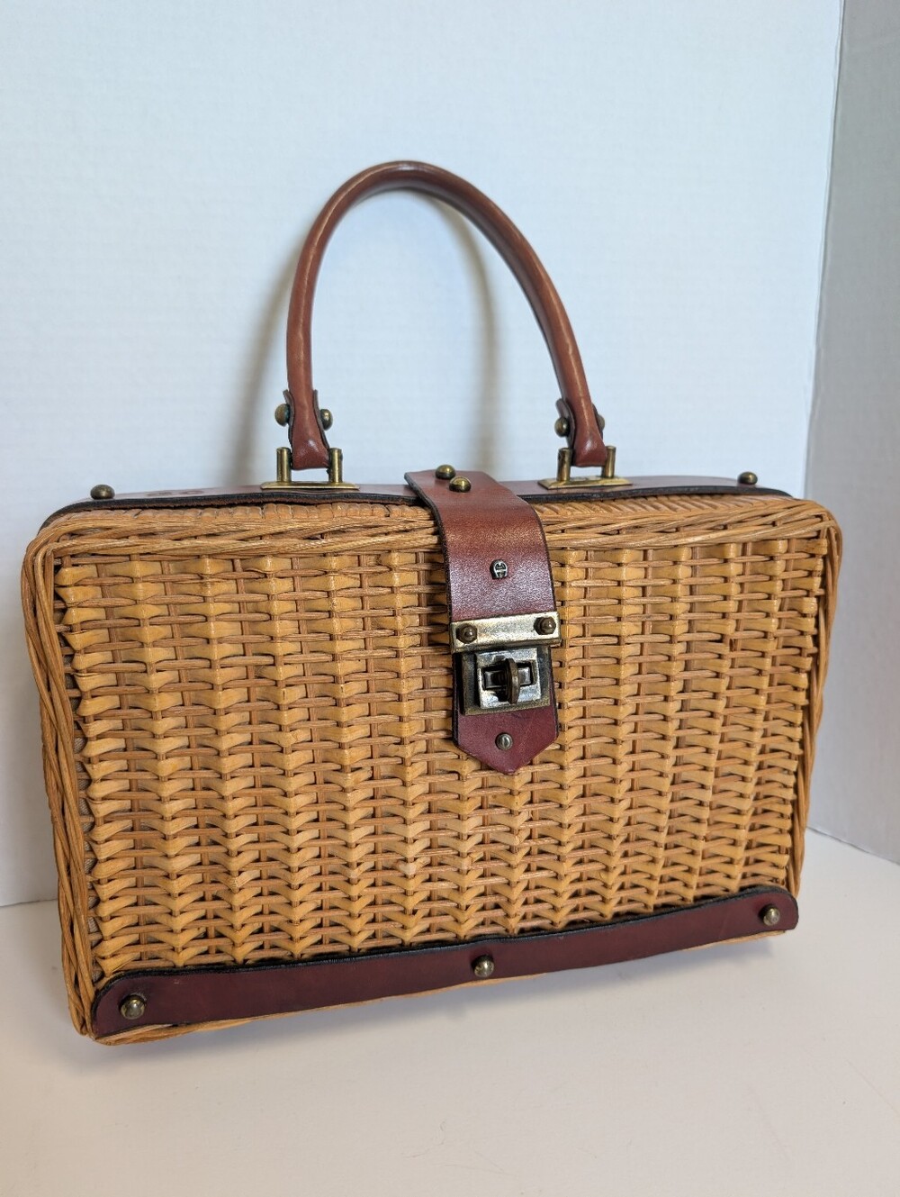 Vintage 50s 60s 70s ETIENNE AIGNER Woven Wicker Leather Handbag Basket Box Bag